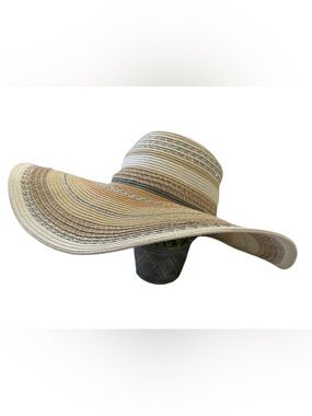 Vince Camuto Wide Brim Straw Sun Hat Neutral Stripe Beach Vacation One Size